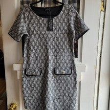 Vestido para mujer Isaac Mizrahi negro blanco manga corta bolsillos botones talla S nuevo con etiquetas