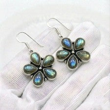 Pendientes de labradorita de plata de ley 925 hechos a mano florales colgantes piedras preciosas regalo