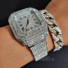 Reloj Cuadrado Hombre Hip Hop Plata Diamante Simulado Completo Helado Pulsera Cubana Regalo