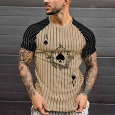 Camiseta Hombre Moda As De Picas De Póquer Raya Negro Beige Raglán Camiseta Top