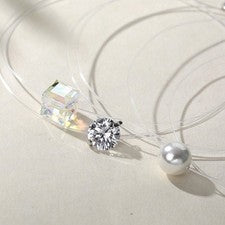Collar Invisible con Circonitas, Cristal o Perla, Plata 925, Hilo de Nylon