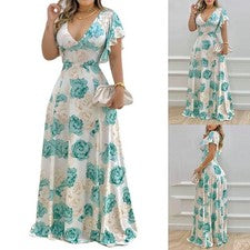Vestido Mujer Cuello en V Transpirable Elegante Mujer Vestido Largo Maxi Vestido
