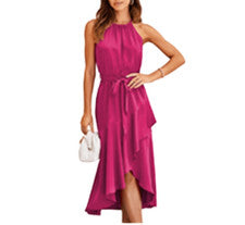 Moda Para mujeres Lo último Rosa Poliéster/Spandex Satinado Sin Mangas Halter Cuello Envolvente Volantes con