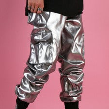 Pantalones de Carga Para Hombres Imitación Cuero Metálicos Brillantes Sueltos Baile Punk Moda