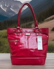 Bolso de Hombro Vintage Anne Klein Rojo Cuero Genuino Forro Rojo/Blanco Acento Dorado