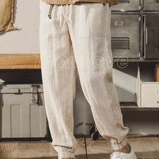 Pantalones Largos Estilo Chino Retro Ramie Para Hombre Verano Delgados Pierna Recta Sueltos Informales