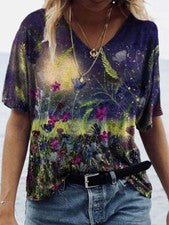 ⭐Blusa Mujer Camiseta Estampado Flores Moda Suelta Manga Corta Cuello En V Tops