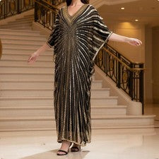 Caftán con lentejuelas, vestido de malla de lentejuelas brillantes, drapeado