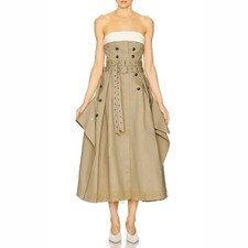 Moda Para Mujer Vestido Sin Tirantes Trench Midi Cinturón Con Botones Beige Elegante