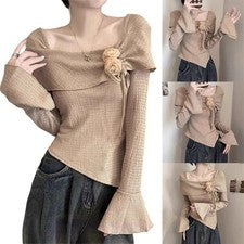 Bequemes Damen Oberteil Stylisches Schulterfreies Shirt mit Langarm Mode