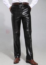 Moda Para Hombres Pantalones de Cuero PU Impermeables Informales Calce Ajustado Pantalones Rectos