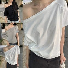 Camiseta de verano para mujer Solide Locker sin hombros manga corta Top de moda