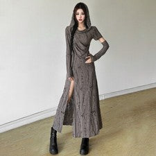Nuevo Vestido Primavera/Otoño Para Mujer Moda Informal Ajustado Línea A Con Capucha Gris Tenedor Dividido