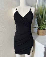 Mini Vestido Moda Boutique Para Mujer Negro Cami Acanalado Club/Fiesta Talla Pequeña