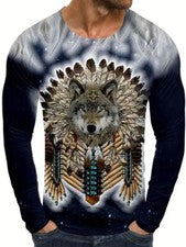 Camiseta cuello redondo estampado gráfico lobo estilo étnico moda hombre nueva