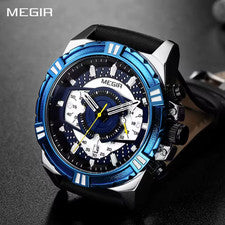 MEGIR Cronógrafo Hombre Reloj Pulsera Deportivo Correa de Cuero Reloj de Cuarzo para Hombre