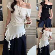 Camiseta monocromática con volantes sin hombros para mujer Slim manga corta moda Top