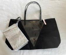 Bolso de Mano Victoria’s Secret Negro Brillante con V Transparente y Bolsa Tigre Adjunta 🌺 Nuevo con Etiquetas