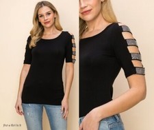 Nueva CAMISA VOCAL Mujer EE. UU. NEGRA CRISTAL CORTE SUAVE S M L XL 1X 2X 3X 4X