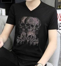 Nueva Camiseta Negra Calavera Gótica Estrás Cuello en V de Lujo para Hombres Alta Calidad