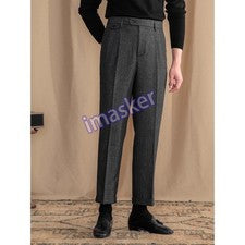 Moda Invierno Retro Lana Británica Pantalones Occidentales Hombres Pierna Recta Informales Pantalones