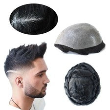 Sistema de cabello humano Touee para hombre 0,12 mm poli piel 130 % postizos negros naturales #1C