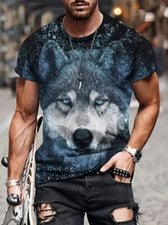 Camisetas Hombres Moda Cabeza Lobo Informal Azul Manga Corta Novedad Camiseta