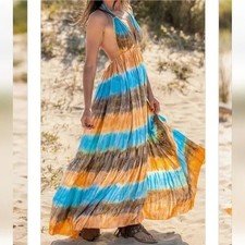 Vestido halter de moda para mujer tie dye espalda abierta largo playa maxi acampanado talla L