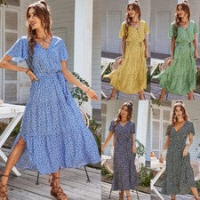 Vestido largo de verano para mujer de moda con cuello en V manga corta cintura ajustado estampado