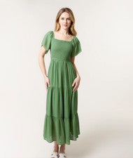Vestido midi informal elástico ceñido en la parte superior en capas con campana mangas cortas para mujer