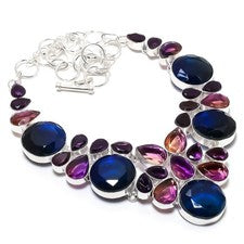 Collar de joyería hecho a mano de topacio azul y piedras preciosas de amatista Londres 18"