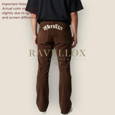 Pantalones de cuero de gamuza marrón para hombre estilo gótico” bordado calce ajustado