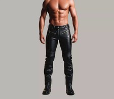 Pantalón de cuero de piel de cordero real negro hecho a mano para hombre clásico elegante motociclista delgado F