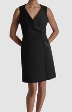Vestido para mujer DKNY negro cuello flyaway ribete de herrajes línea A talla 6