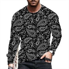Camiseta Hombres Cachemir Moda Manga Larga Negro Informal Antigua Camisa Camiseta