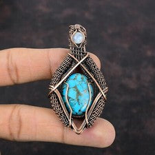 Colgante envuelto en alambre turquesa azul hecho a mano cobre regalo único 2,6"