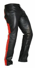 Pantalones de mezclilla estilo motociclista de cuero genuino negro y rojo para hombre