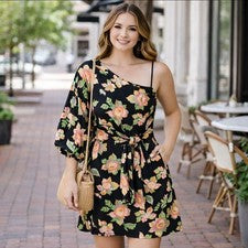 Nuevo con etiquetas Vestido Who What Wear Floral Lino Un Hombro S Moderno Femenino Brunch Elegante