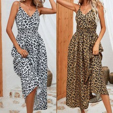 Vestido Moda Estampado Leopardo Vestido Eslinga Mujer Ropa Estampado Leopardo Verano
