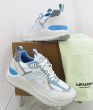 $850 NUEVO EN CAJA ZAPATILLAS BAJAS BURBERRY SEAAN BLANCAS GAMUZA MALLA AZUL PÁLIDO LOGOTIPO 41 US 8 ITAL
