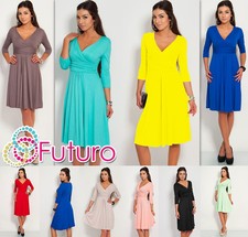 Vestido clásico y elegante para mujer cuello en V cóctel jersey oficina talla 8-16 4400