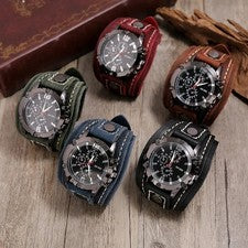 NUEVO Reloj Ancho Cuero Puño Pulsera Marrón Correa Negra Punk Retro Cuarzo Para Hombres