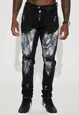 Pantalones de mezclilla ajustados Nova de moda para hombre 36 negros enrollados en pintura apilados nuevos con etiquetas