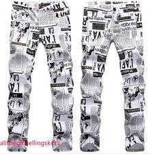 Nuevo Mujeres Hombres Pantalones de mezclilla con estampado de periódico Moda Hip Hop Pantalones informales
