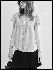Camiseta azul de verano para mujer cuello en V manga hinchada suelta de moda nudo top Corea
