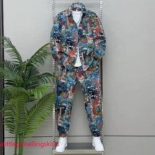 Conjunto de chándal de jacquard estampado informal con botones y pantalones jogger para hombre