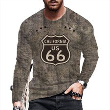 ⭐⭐Camiseta Hombre US Route 66 Gris Gráfico Moda Manga Larga Casual De Calle Tee