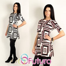 Reino Unido Elegante Cuello Redondo Mujer Mini Vestido Patrón Cuadrado Mangas Cortas Túnica FA244