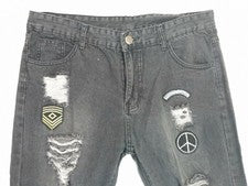 Pantalones de mezclilla para hombre talla 35" W x 30,5 L ajustados grises parche ejército paz desgastado
