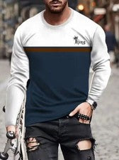 Camiseta Hombres Moda Azul Blanco Color REY Manga Larga Ropa Calle Tee
